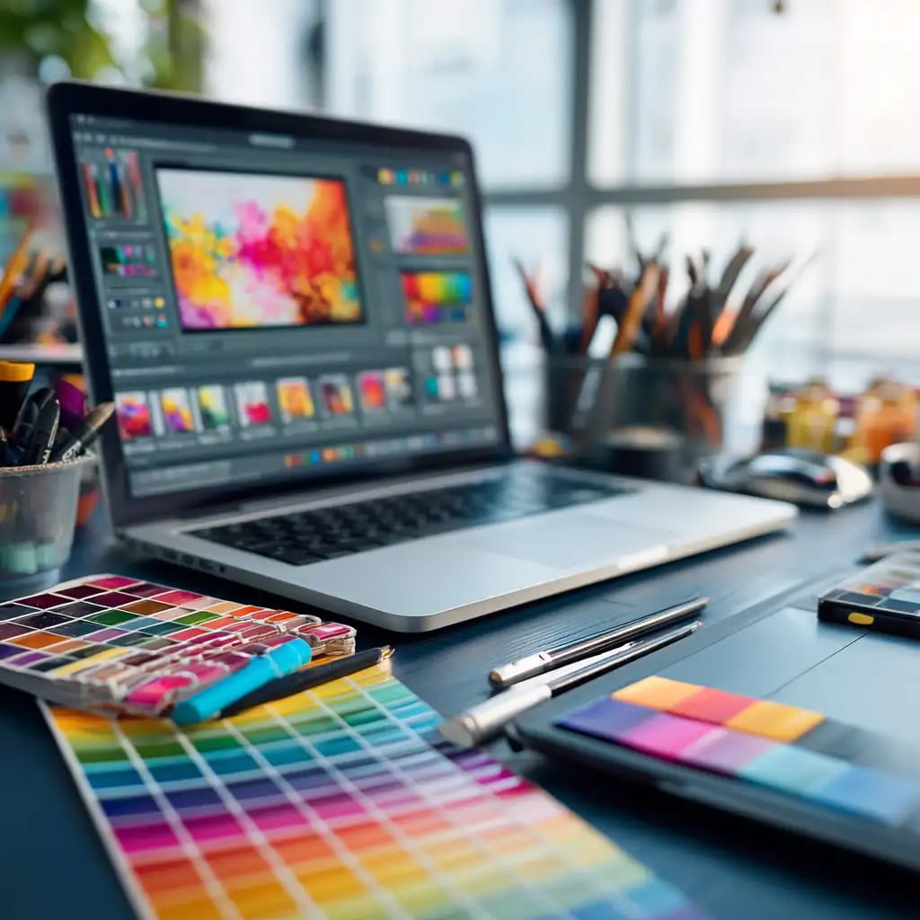 Design workstation with color swatches and artwork on a laptop