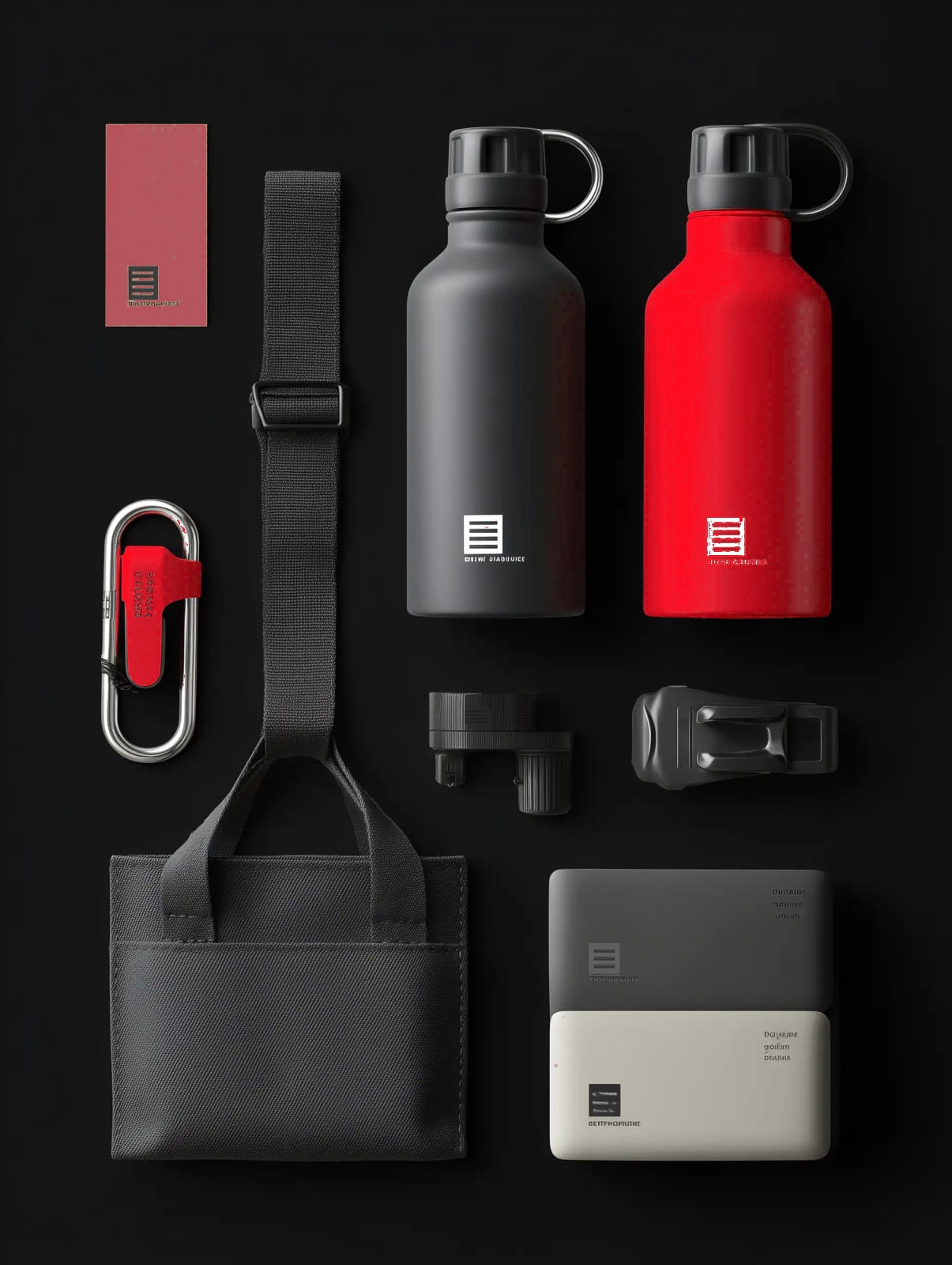 Branded water bottles, tote, carabiner and accessories