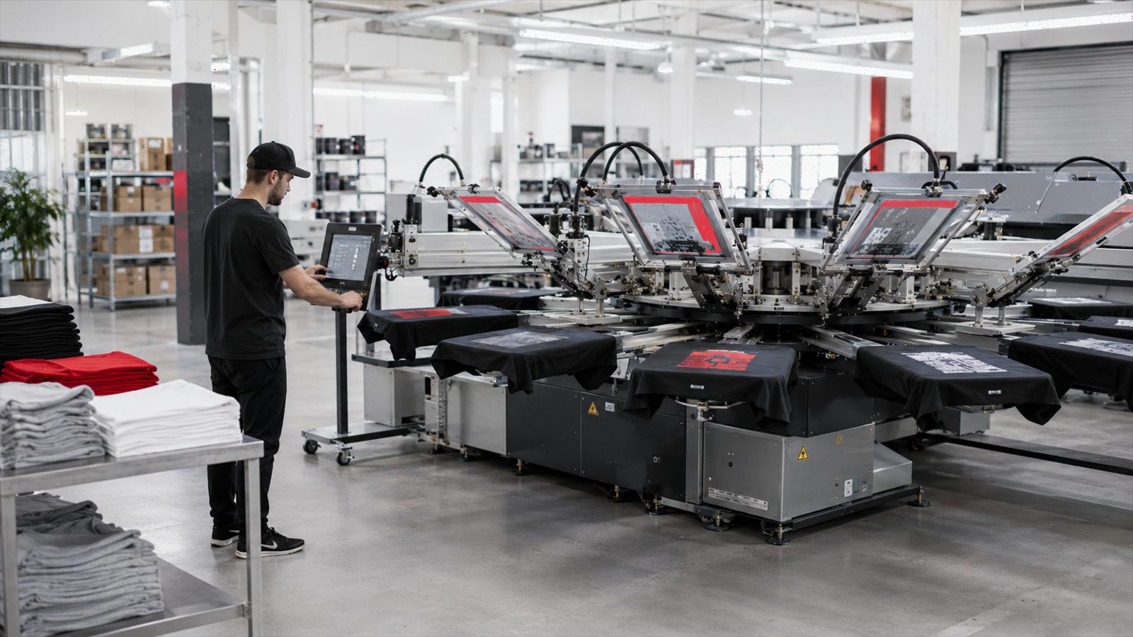 An FA Ink press operator running an automatic screen printing press